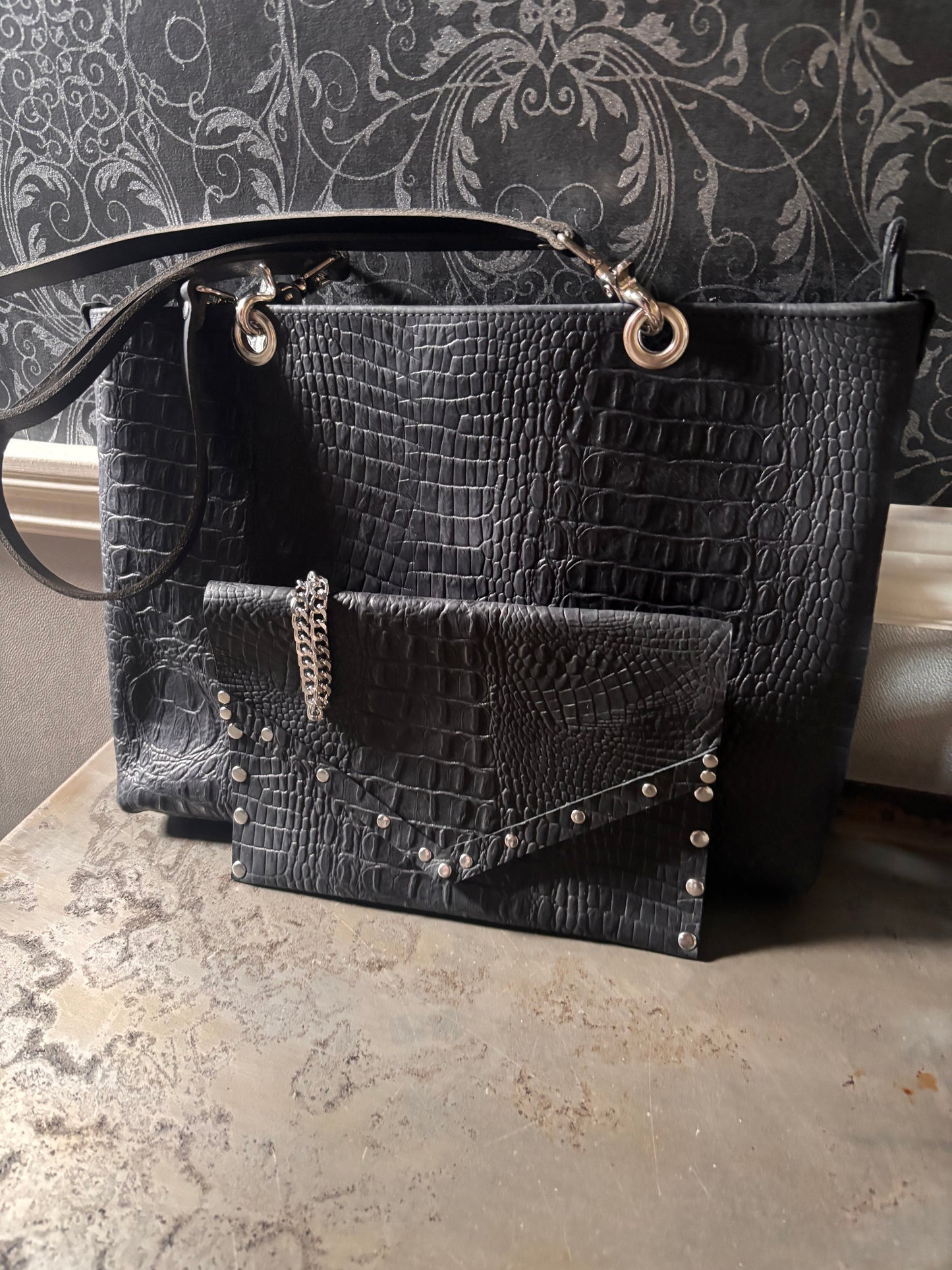 2 Piece Crocodile Print Tote/Crossbody